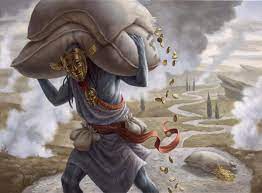 Gray, Merchant Of Asphodel a man dressed in blue with a golden mask over his mouth, he has picked up two sacks, and out of those sacks comes the gold, and there is smoke on the background