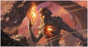 The Binding Of The Titans, A man-made of stone with a red fire in his heart and a red fire in his eyes and the fire is coming out of his hand too The surrounding air is red
