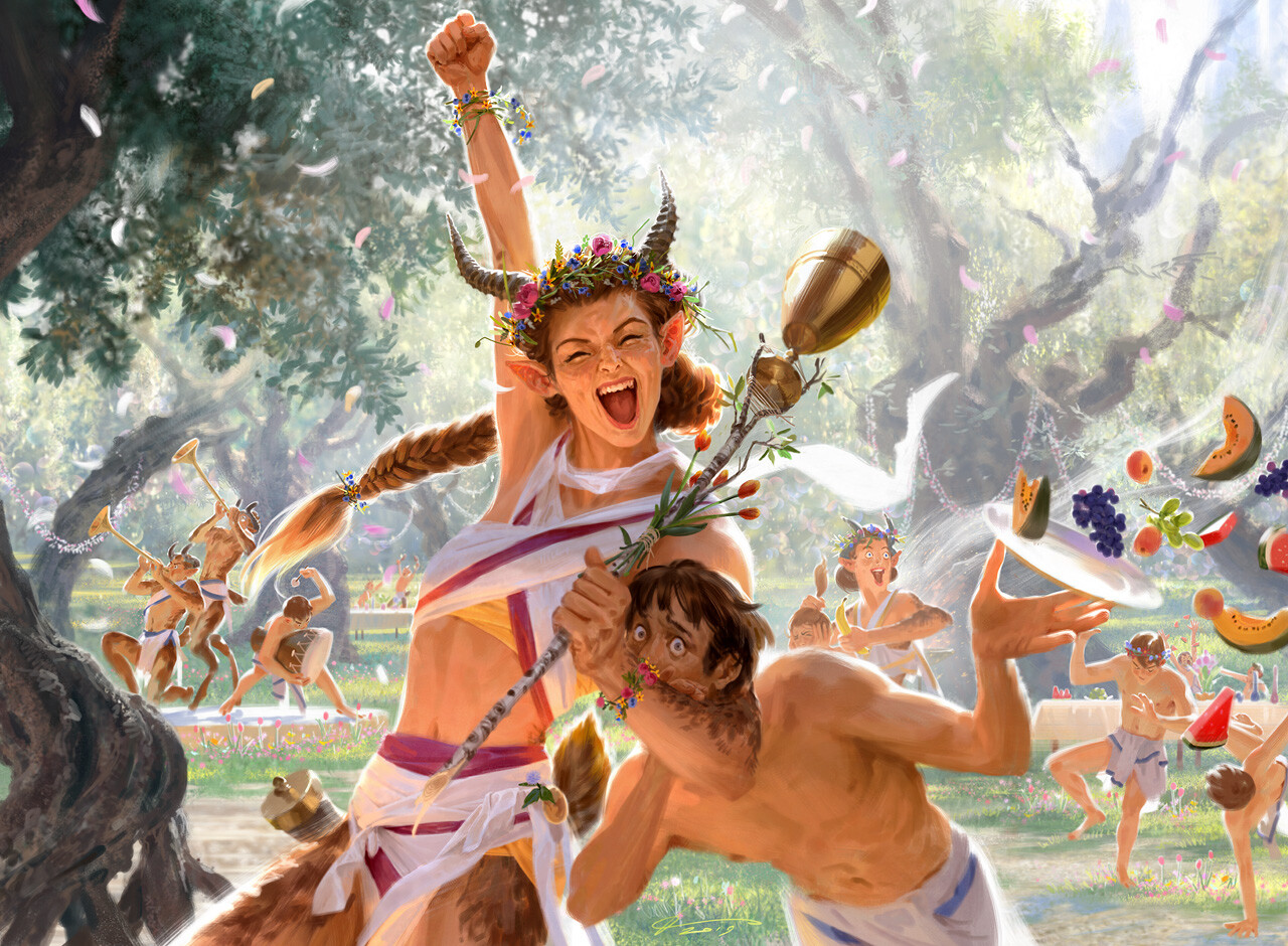 Gallia of the Endless Dance, There are men and women dressed in white, who are very happy and enthusiastic. They have two horns on their heads. Some are playing the drums while others are dancing